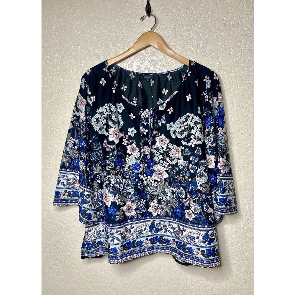 Vintage Hannah Butterfly Peasant Tunic Flare Sleeves Tie Top Womens XL